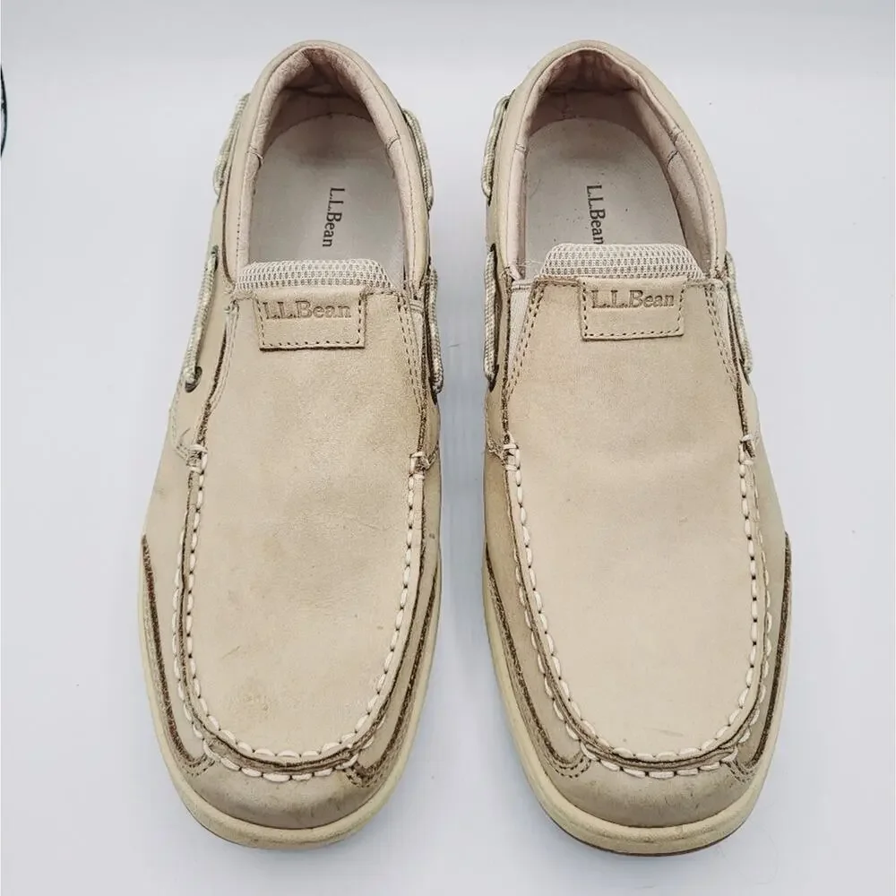L.L. Bean Creme Leather Slip On Deck Leather Moccasin Shoe Men's size 9.5